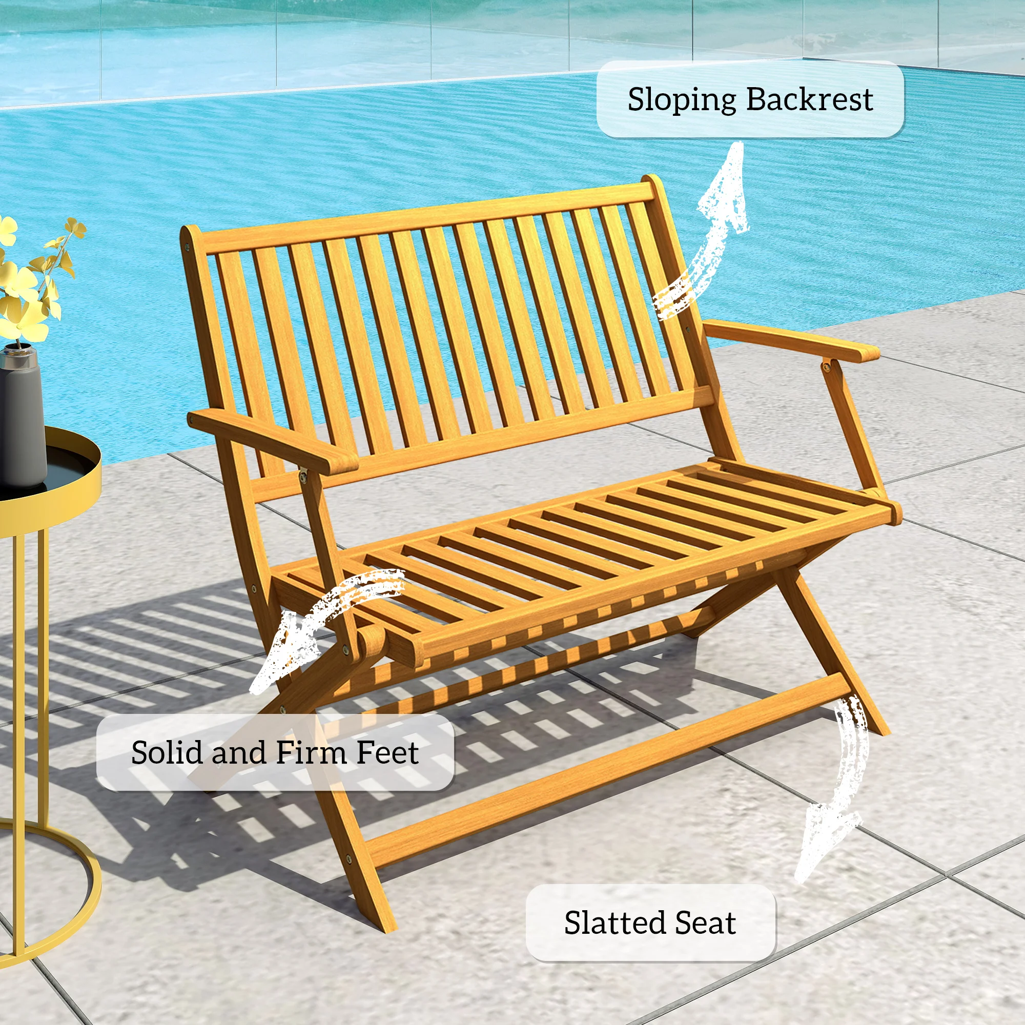 Klappbare 2-Personen-Holzbank mit Rücken- und Armlehnen für Garten, Terrasse,... – Bild 2
