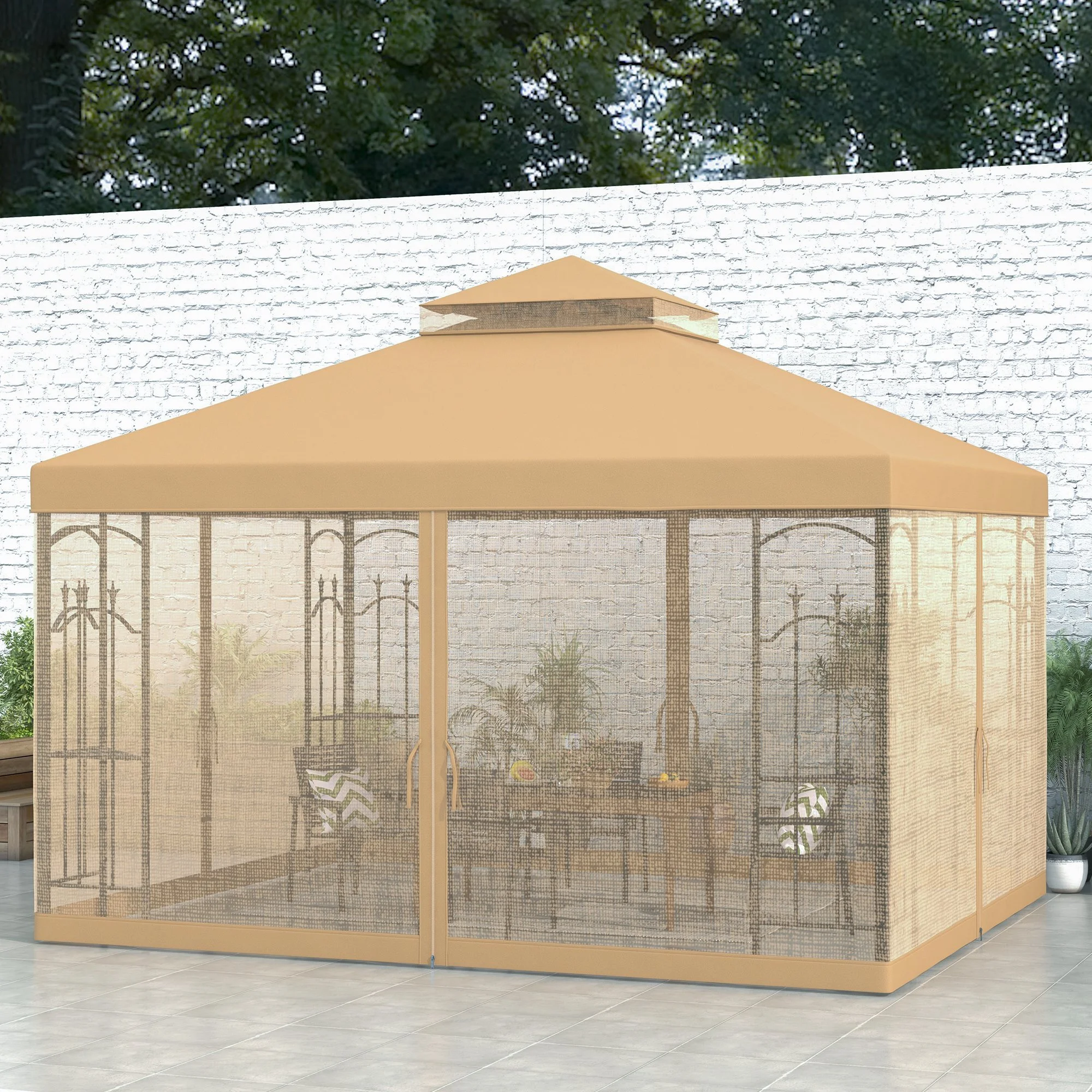 10 x 12 Terrassenpavillon mit Eckregalen, Doppeldach, Netzschutz, Braun – Bild 5