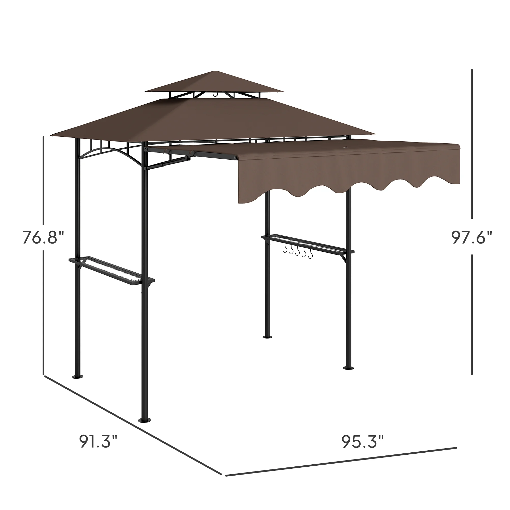 8 x 7,6 m Outdoor Grillpavillon mit Seitenmarkise, 2 Ablagen und 6 Haken, Braun – Bild 7