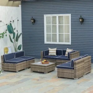 7-teiliges Outdoor-Korbsofa-Set, modern mit Kissen und Couchtisch - Blau