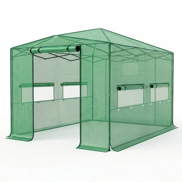 8 x 12 ft Plastic Spray Iron Pipe PE Net Folding Greenhouse Green – Image 2