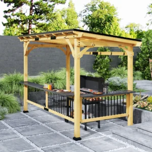 13 x 6 Holz-Grillpavillon, Hardtop mit Metalldach, 2 Regalböden und 6 Haken, ...