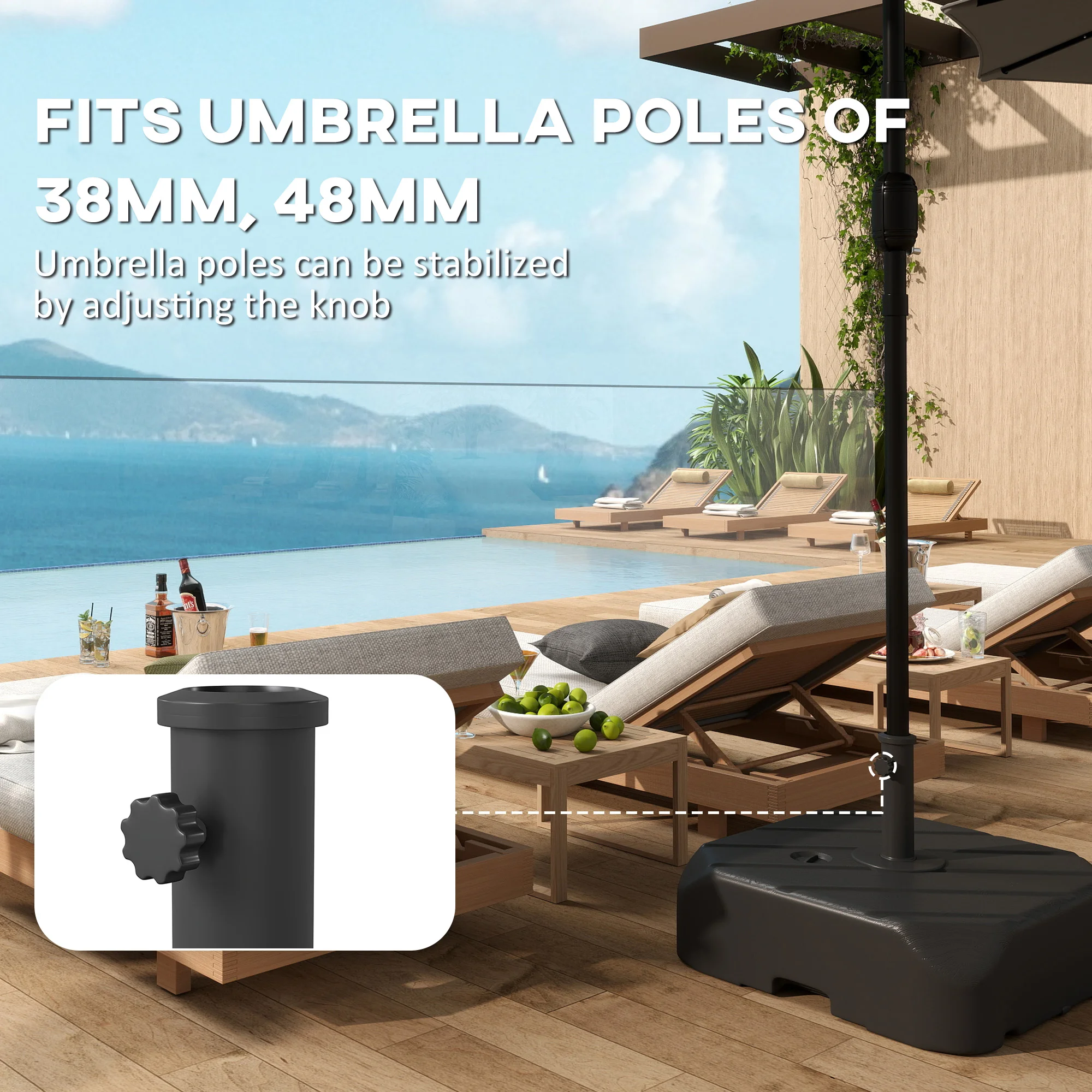 CampGlut Schirmständer mit Rollen, im Garten aufgestellt.