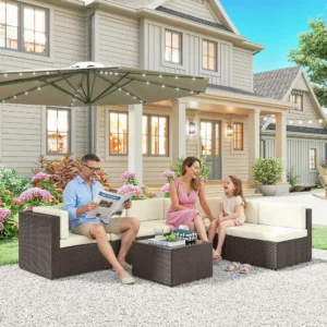 7-teiliges Terrassenmöbel-Set, PE-Rattan, wetterfest, mit Glastisch