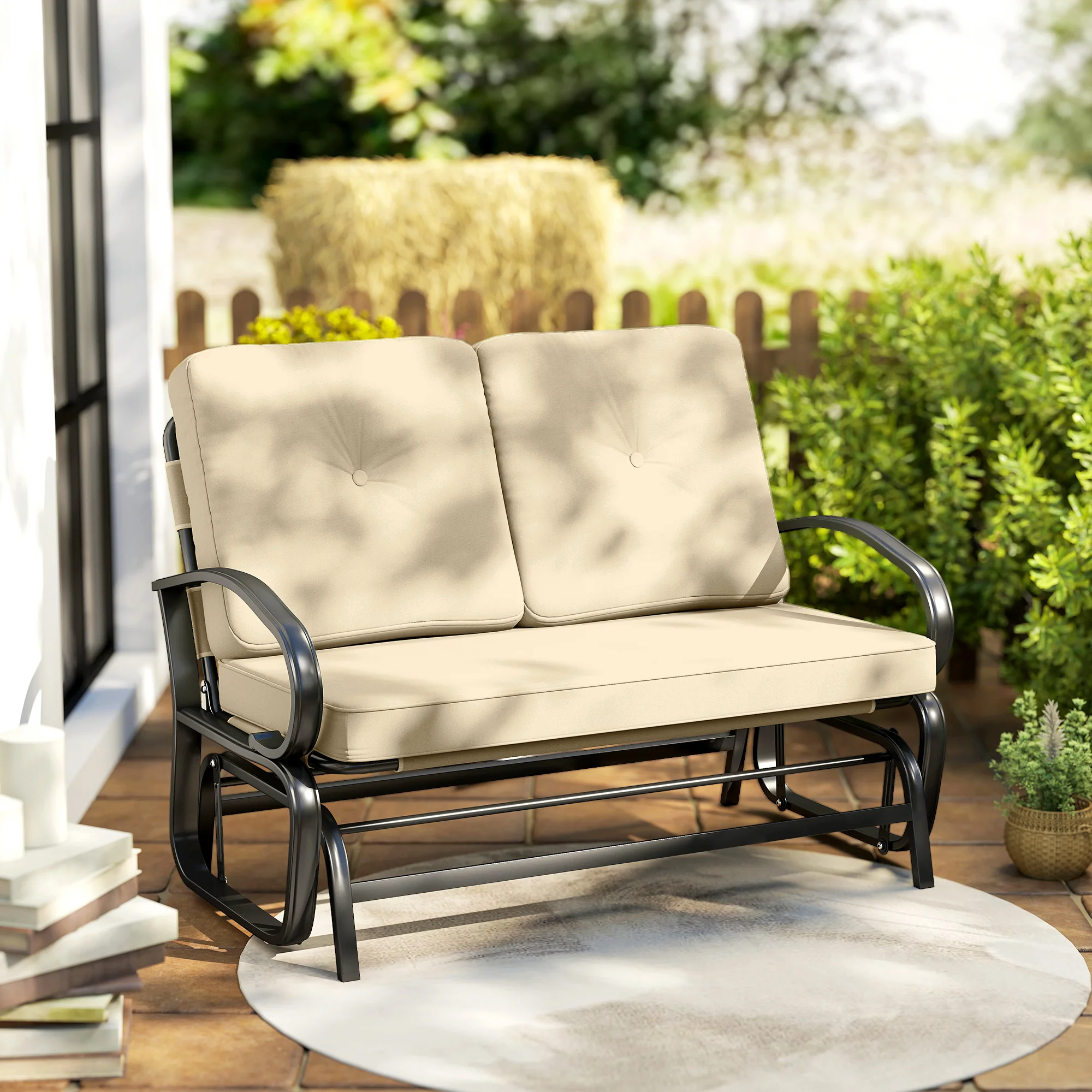 2-Sitzer Gartenschaukelbank mit getufteten Polstern, Stahlgestell, Beige – Bild 6