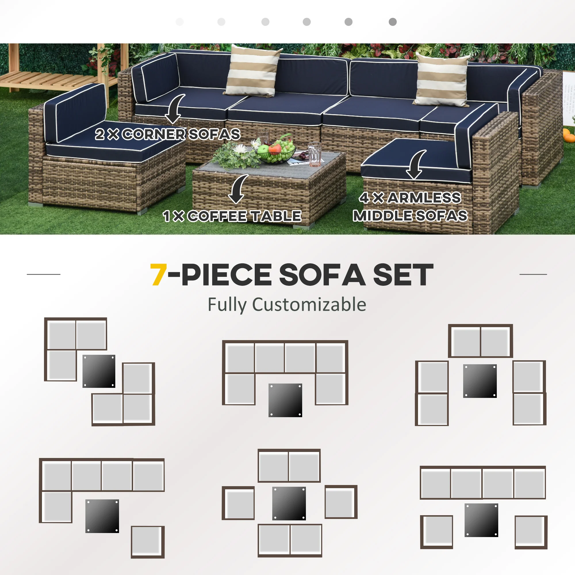 7-teiliges Outdoor-Korbsofa-Set, modern mit Kissen und Couchtisch - Blau – Bild 3