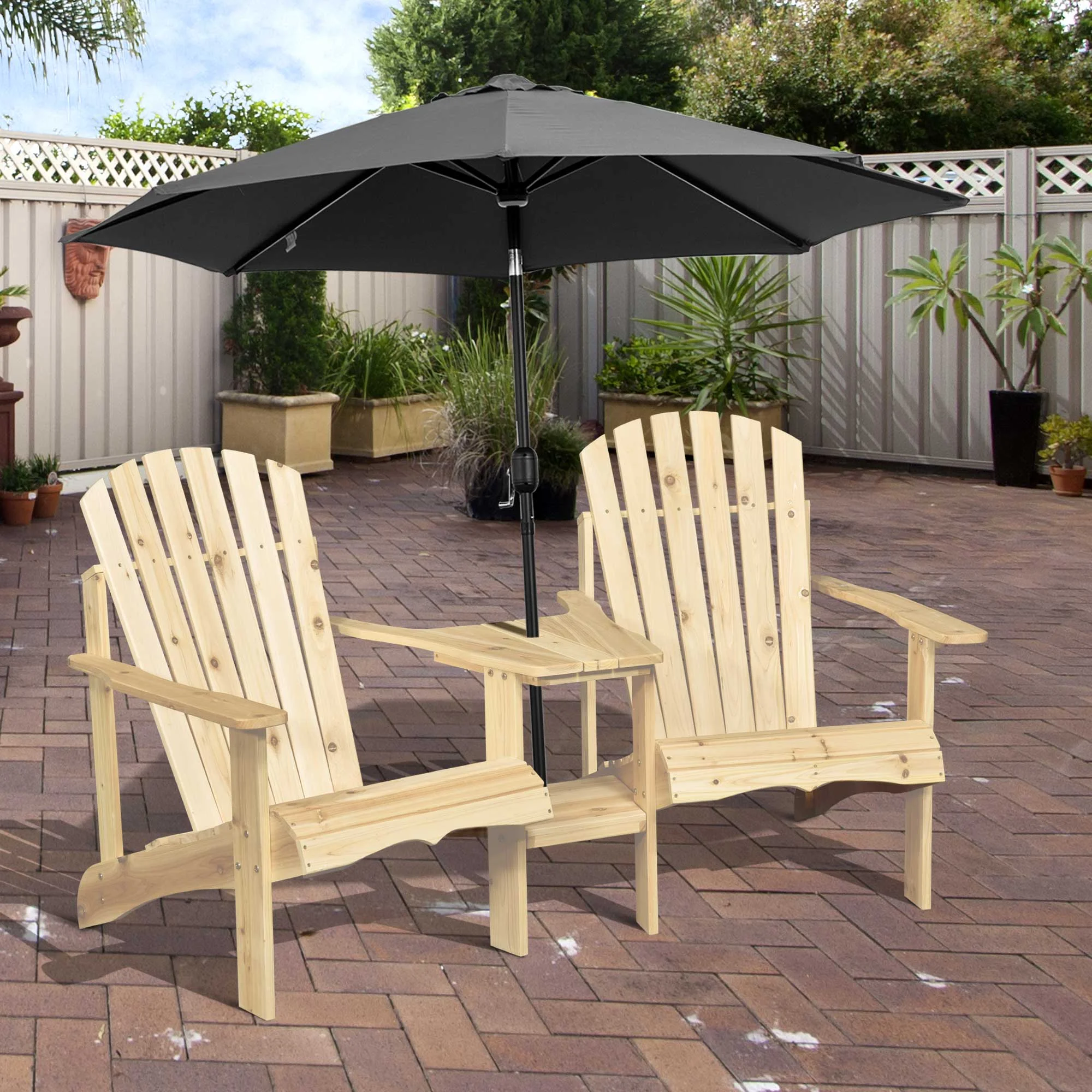 Feuerstelle Sitzgruppe: 2 Holz Adirondack Stühle mit Tisch & Sonnenschirmloch... – Bild 3