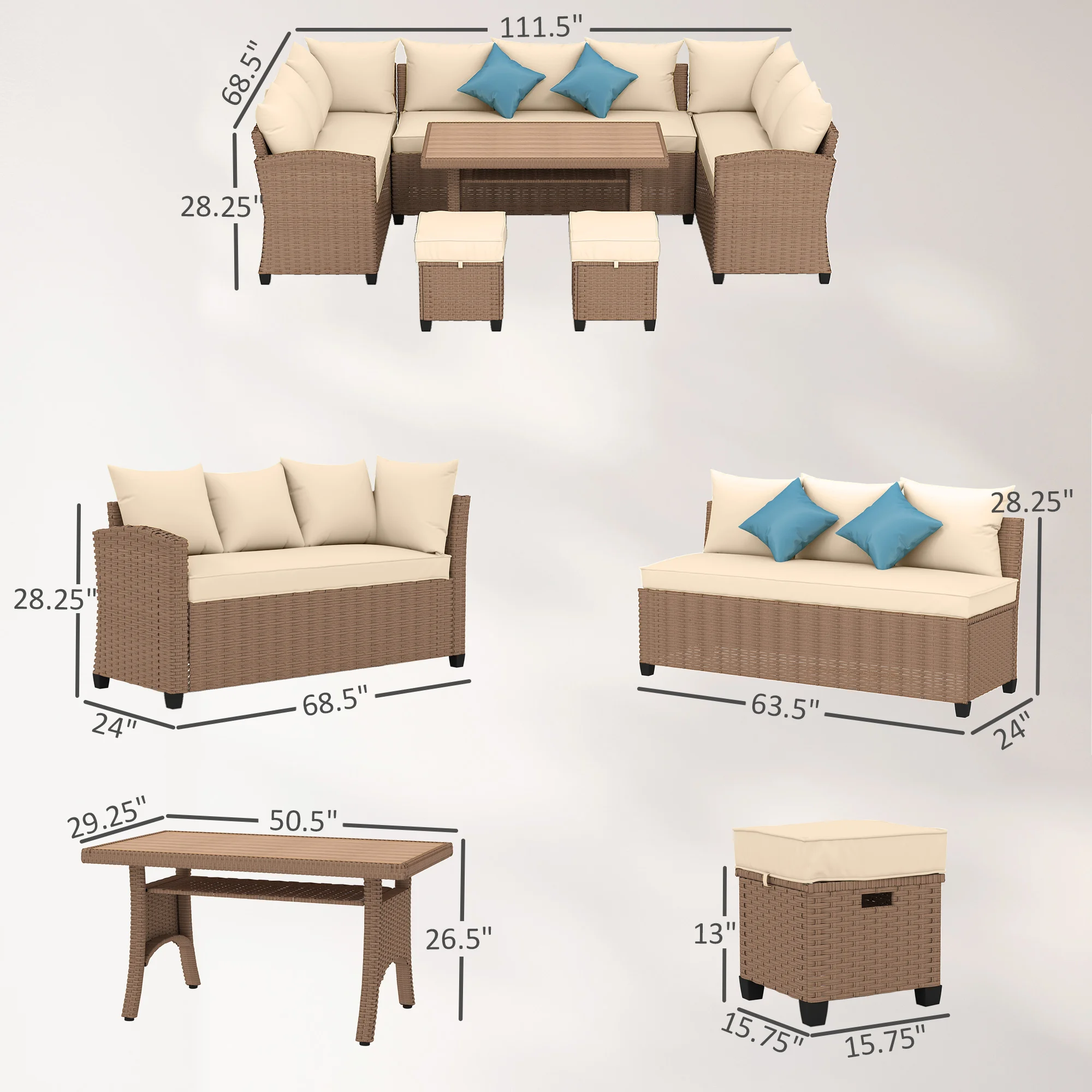 6-teiliges Polyrattan-Gartenmöbel-Set mit 3 Sofas, 2 Hockern und WPC-Esstisch... – Bild 6