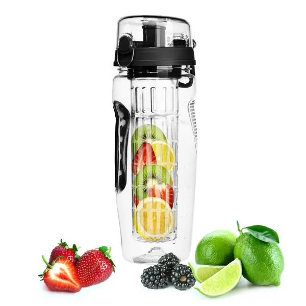 CampGlut Fruit Infuser Wasserflasche mit Flipdeckel und Anti-Rutsch-Griff.