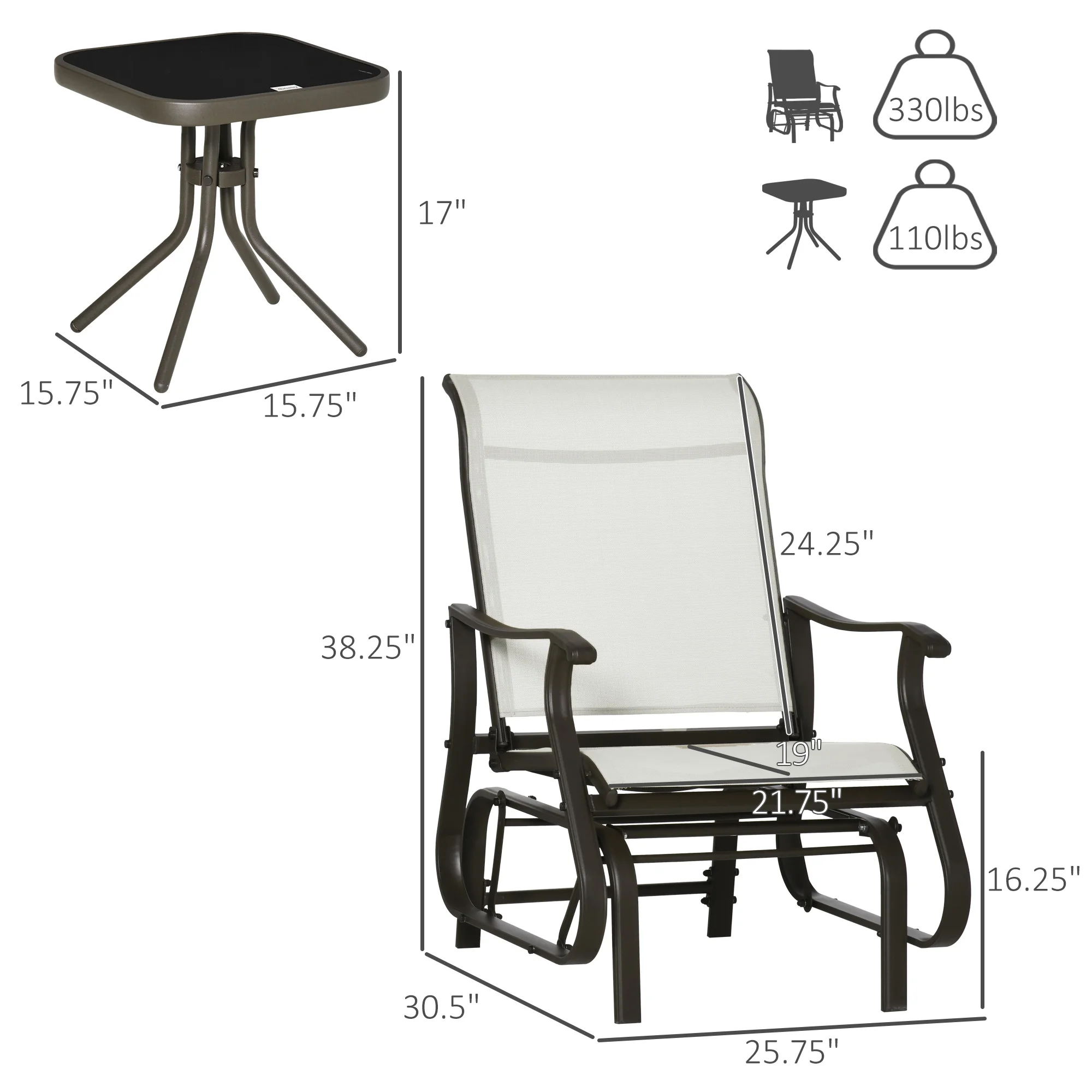3-Piece Outdoor Rocking Bistro Set with Steel Frame, Tempered Glass Table – Image 8