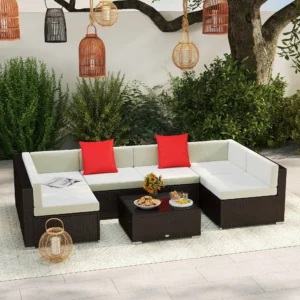 7-teiliges Outdoor-Sofa-Set mit Polstern, PE-Rattan, 75 cm Sitzmodul, Glastis...
