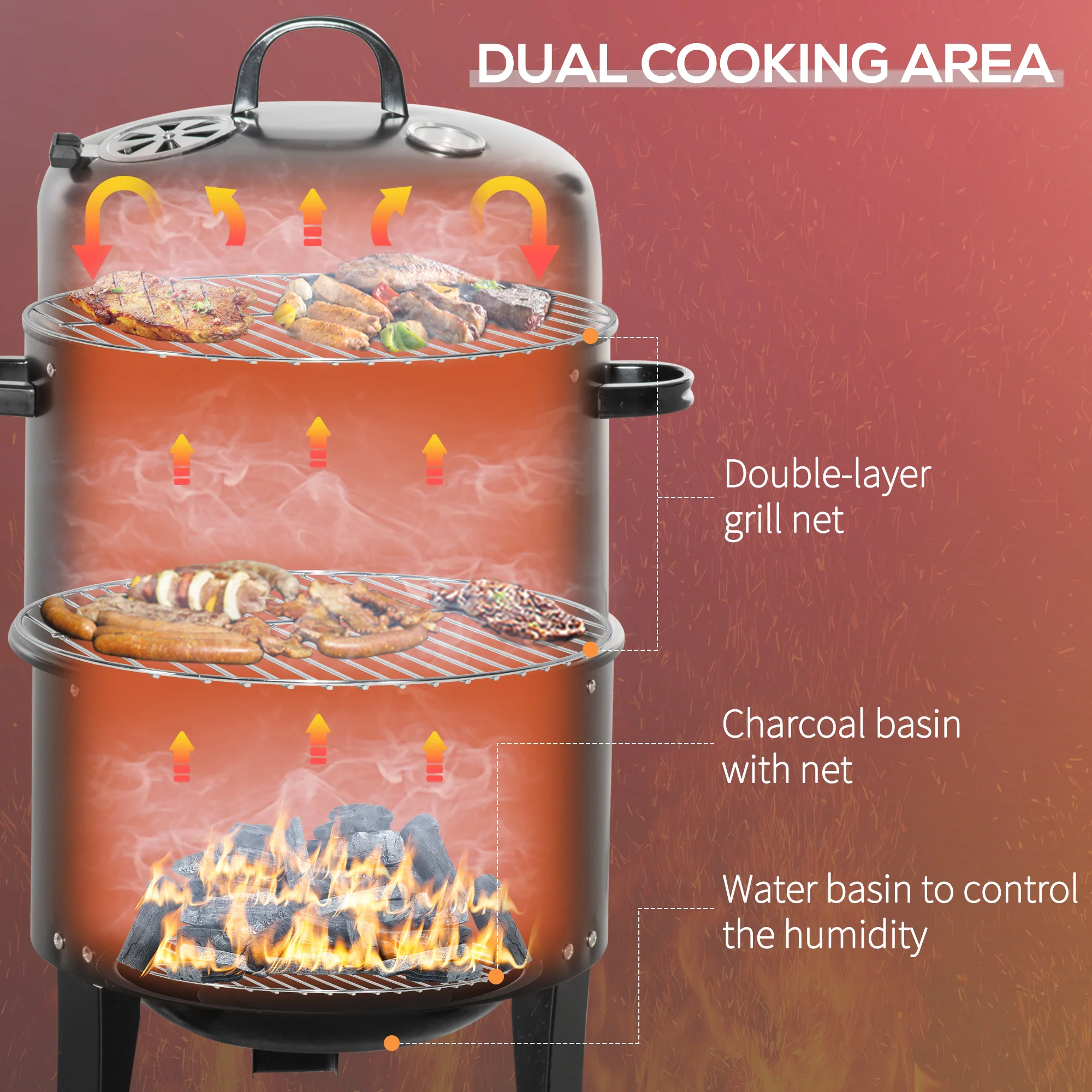 Parrilla de carbón vertical 3 en 1 y ahumador con 2 superficies de cocción y termómetro - Imagen 7