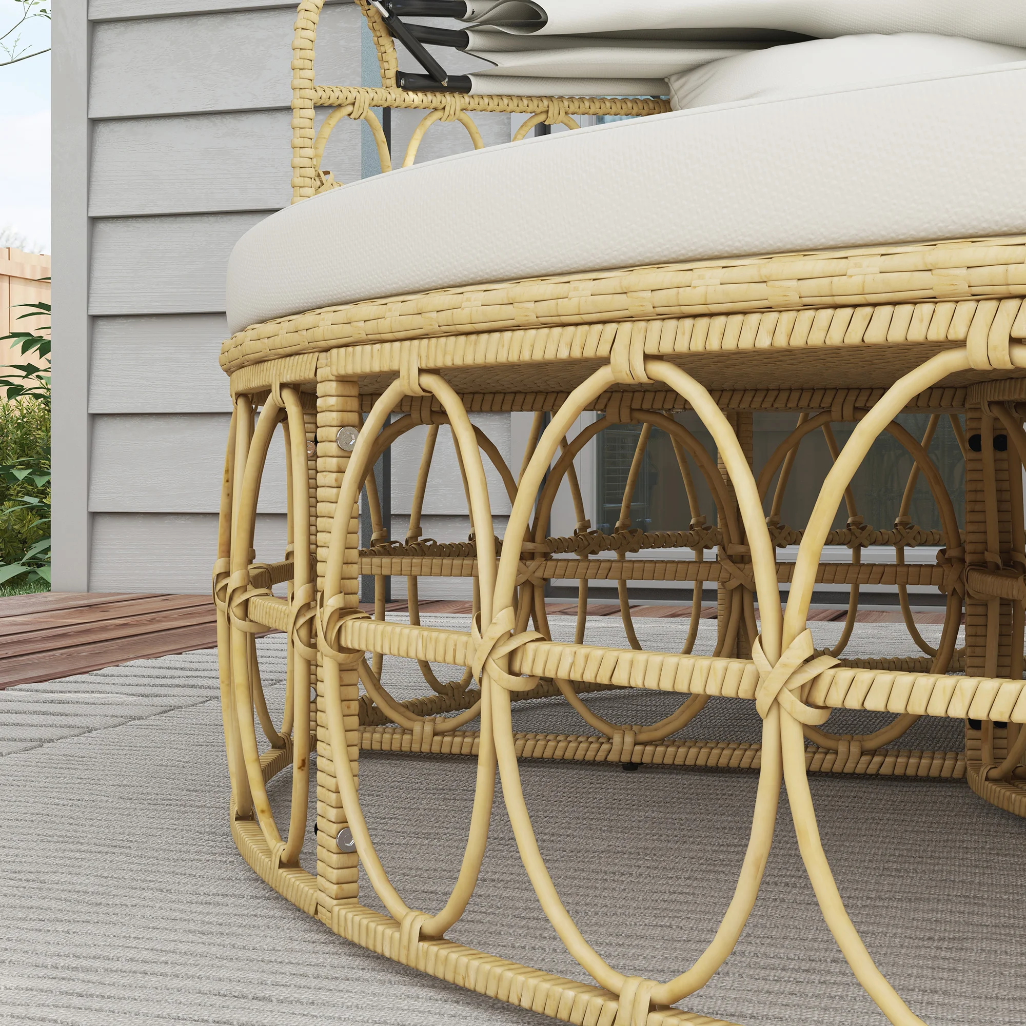 Terrassenmöbel-Set, rundes Tagesbett mit einziehbarem Sonnendach, PE-Rattan-S... – Bild 4