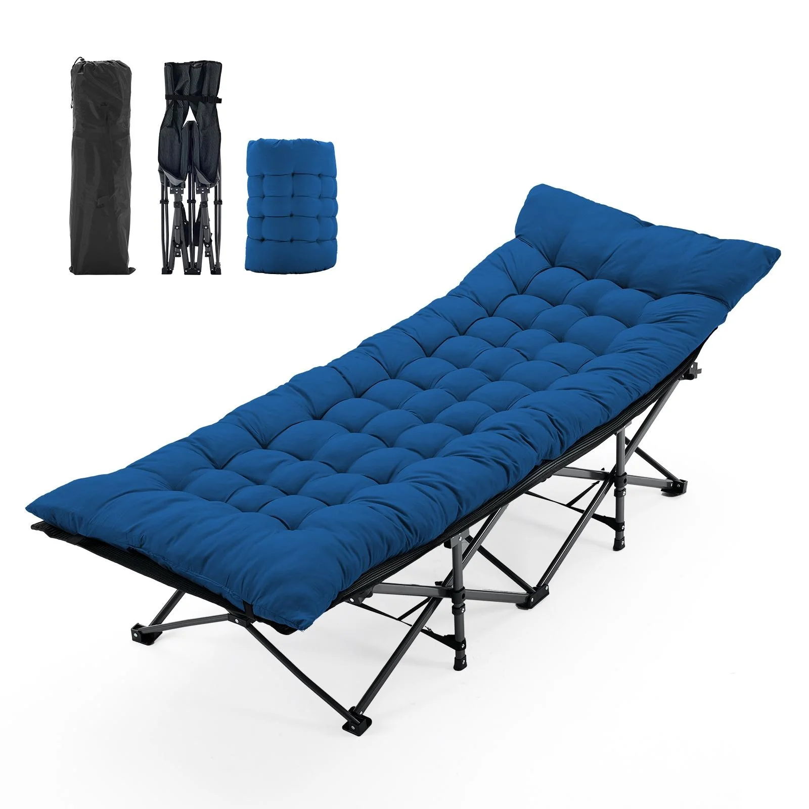 CampGlut klappbares Campingbett mit Matratze, zusammengefaltet.