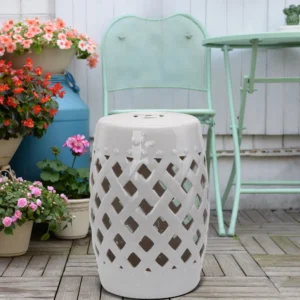 13" x 18" Keramik-Gartenhocker mit geflochtenem Gitterdesign, glasiert, weiß