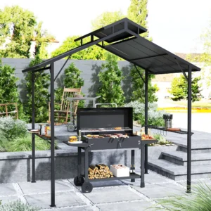 8 x 5ft Hardtop Grill-Pavillon mit Doppelmetalldach, 2 Seitenablagen & 10 Haken