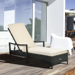Geflecht-Liegestuhl, 4-fach verstellbar, mit Kissen, PE-Rattan, beige