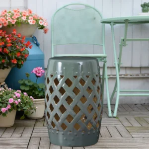 13" x 18" Keramik-Gartenhocker mit geflochtenem Gitterdesign, glasiert, dekor...