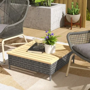 PE-Rattan-Beistelltisch mit Naturfichtenplatte, wetterfest für Terrasse, Pool...