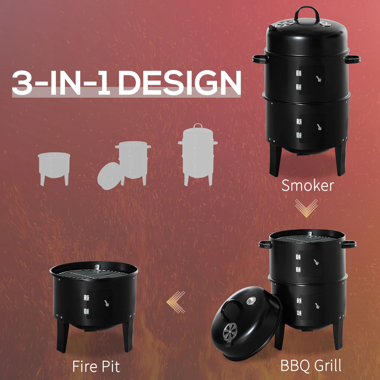 Parrilla de carbón vertical 3 en 1 y ahumador con 2 superficies de cocción y termómetro - Imagen 2