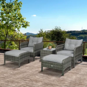 5-teiliges Rattan-Sitzgruppe-Set mit 2 Polstersesseln, 2 Ottomanen & Couchtis...