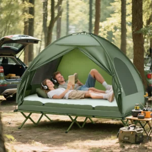 2-Personen Zeltbett, 4-in-1 Hochbett-Kombi mit Luftmatratze, Bezug, Fußpumpe