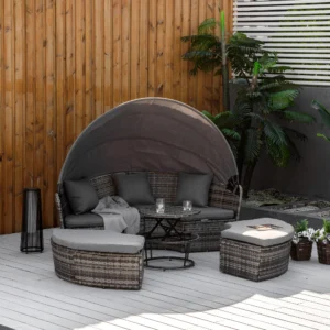 4-teiliges rundes Rattan-Tagesbett, umwandelbares Terrassenmöbel-Set, verstel...
