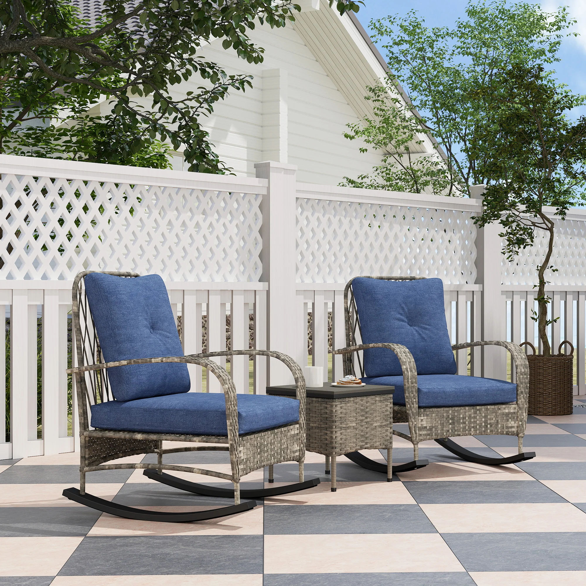 3-Piece Poly Rattan Garden Furniture Set with Rocking Chairs, Coffee Table, Cushions... - Imagen 5