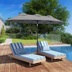 CampGlut doppelseitiger Terrassenschirm, 9,7 m, mit Kippfunktion und Kurbel.