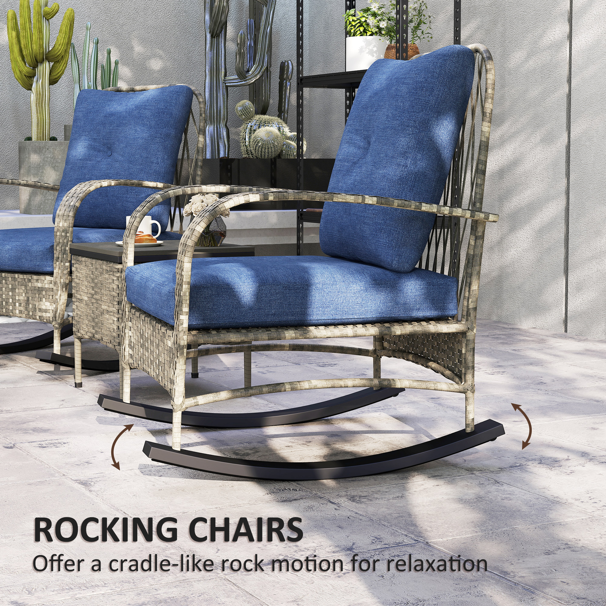 3-Piece Poly Rattan Garden Furniture Set with Rocking Chairs, Coffee Table, Cushions... - Imagen 4
