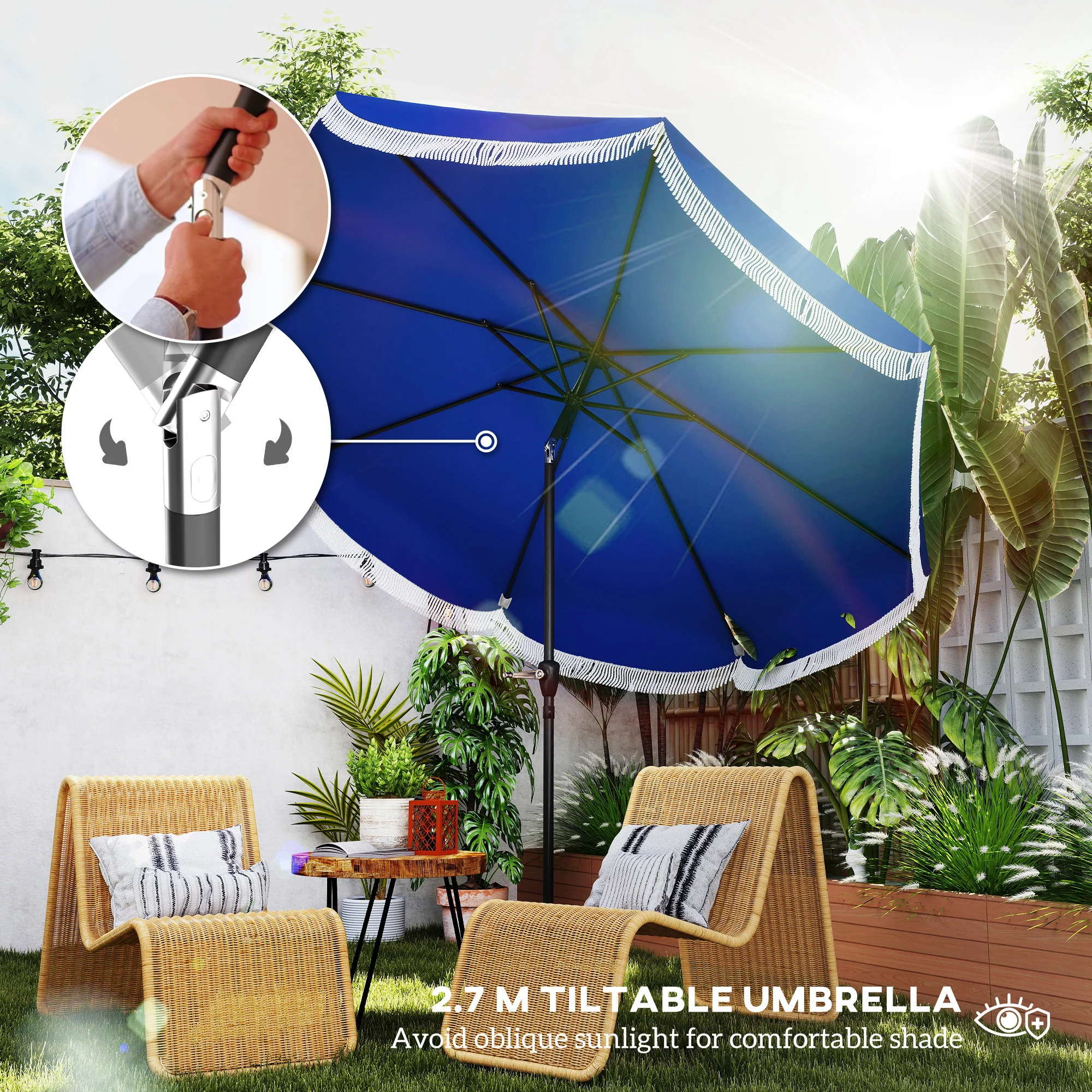 9FT Terrassenschirm, UPF 30+, Kurbel, 8 Streben, Kippfunktion, belüftet, Navy... – Bild 2