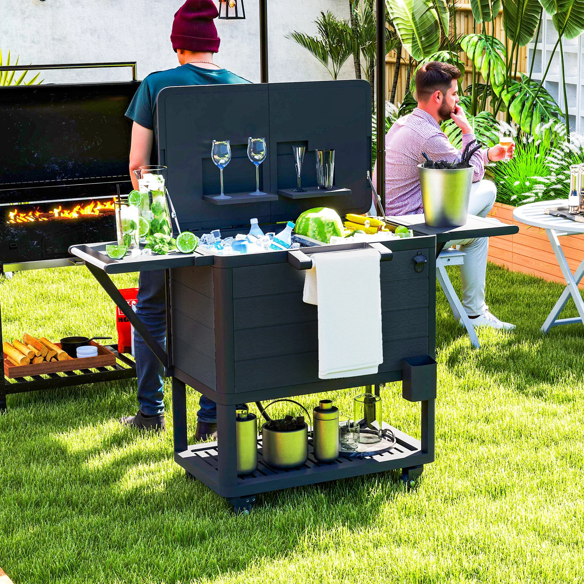 104 Quart Großer Outdoor-Kühlwagen, Rollkühltruhe mit Flaschenöffner & Ablage... – Bild 2