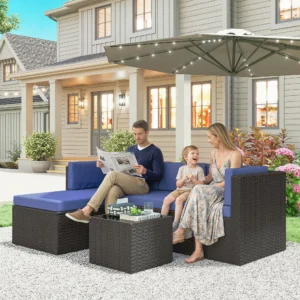3-Piece Poly Rattan Garden Furniture Set with Cushions, Glass Table, Navy Blue