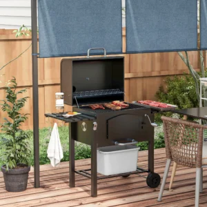 CampGlut Holzkohlegrill mit höhenverstellbarem Rost und Klappablagen.