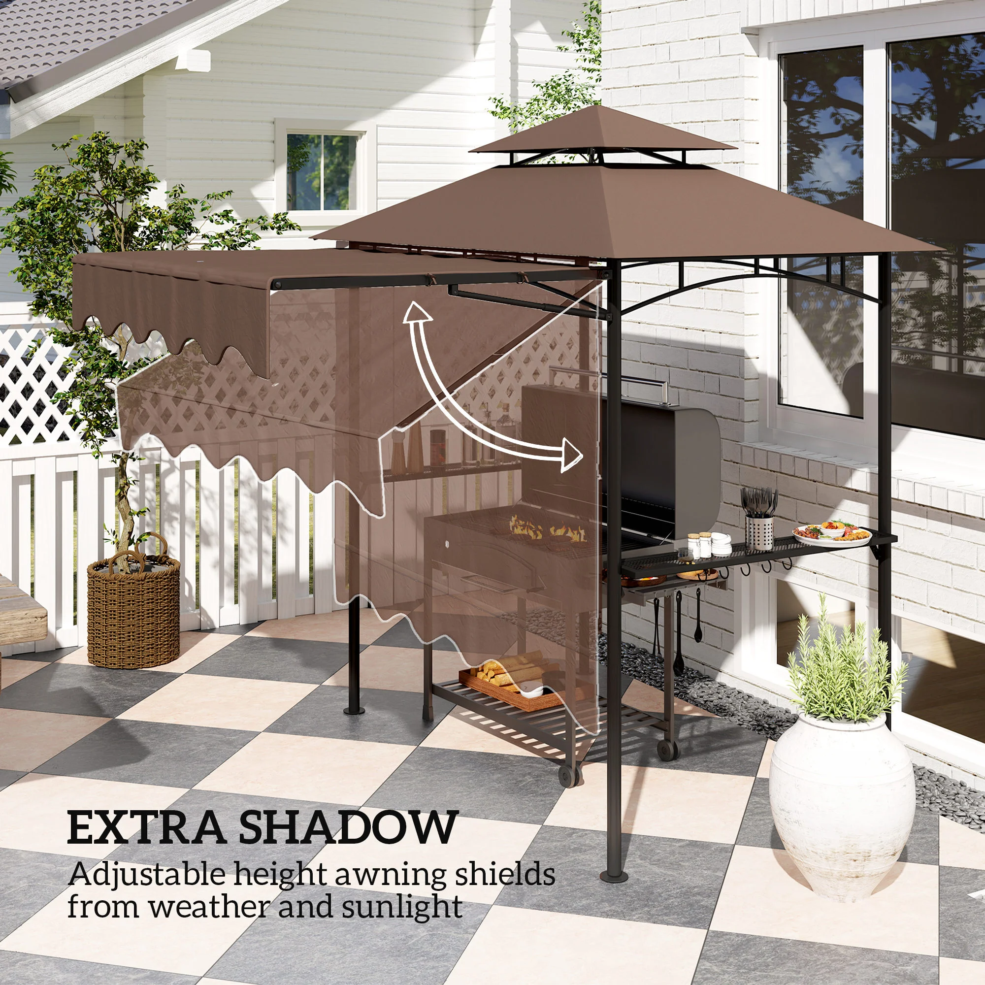 8 x 7,6 m Outdoor Grillpavillon mit Seitenmarkise, 2 Ablagen und 6 Haken, Braun – Bild 8