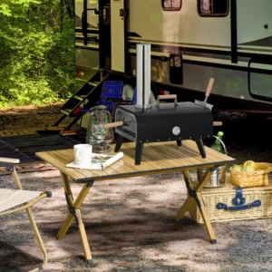 CampGlut Holz-Pellet-Pizzaofen mit 12-Zoll-Stein und Abdeckung.