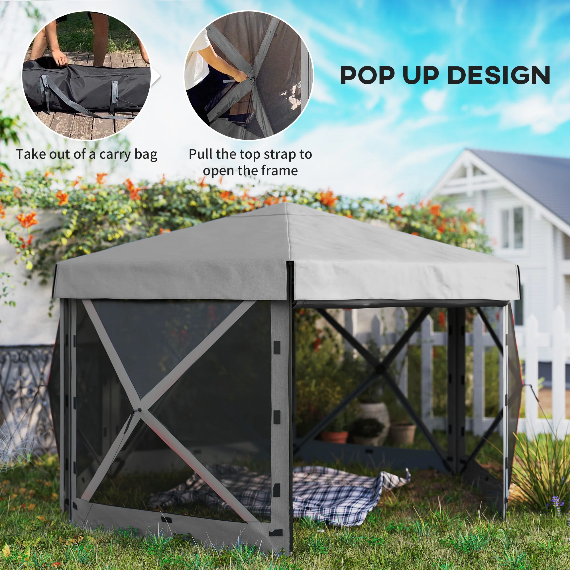 12 x 12 Sechseck-Pavillon mit 5 Seitenwänden, Outdoor-Schutzdach mit Tragetas... – Bild 6