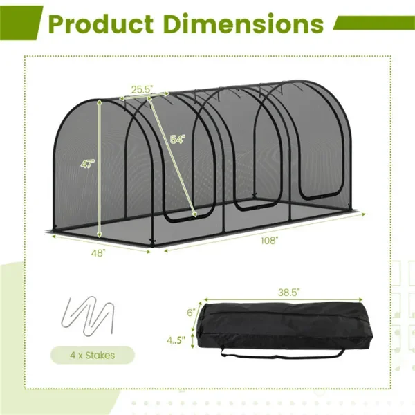 Jaula protectora de plantas de jardín verde 274x122x119 cm con red de nailon y cremallera... – Image 2