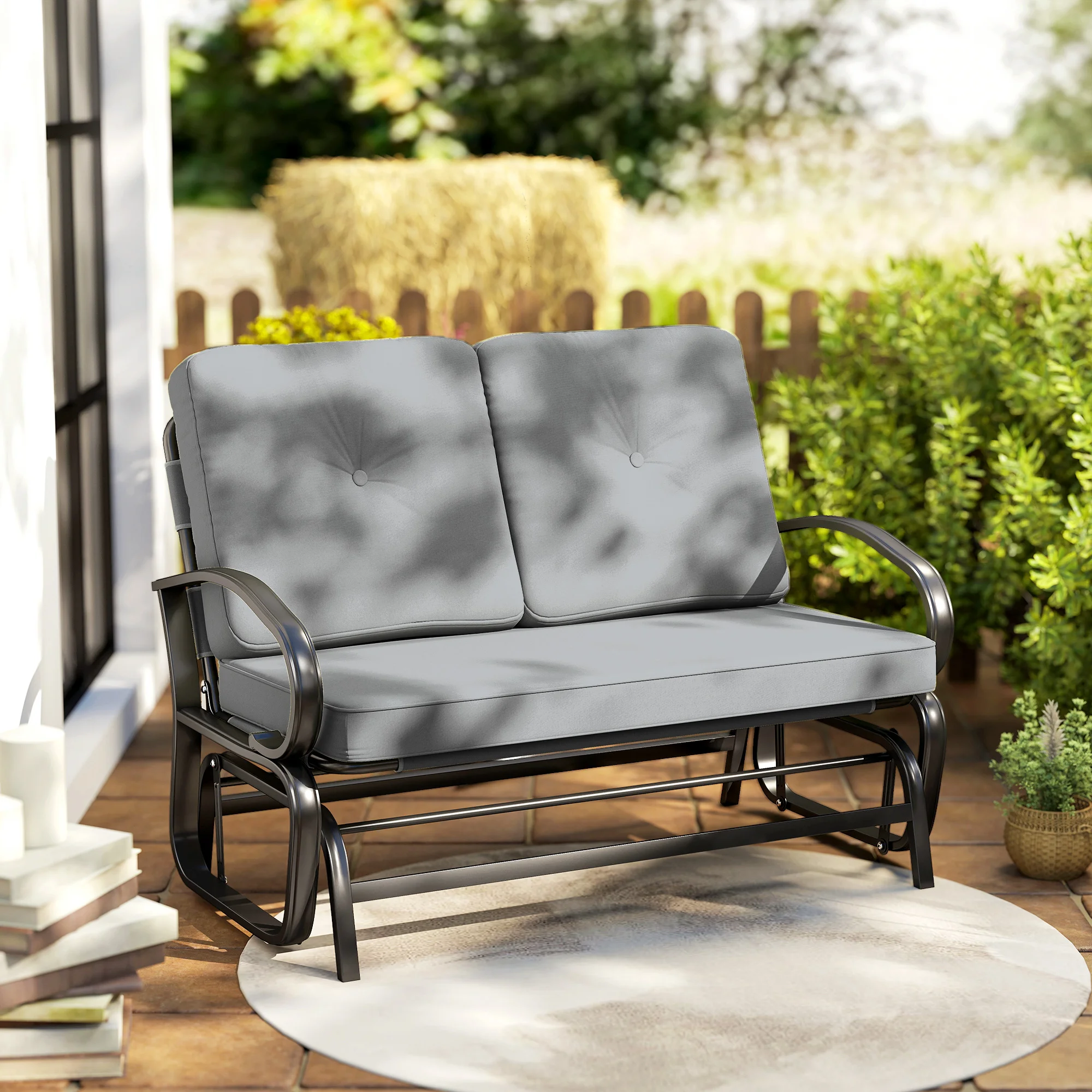 Garten-Schaukelbank, 2-Sitzer mit getufteten Polstern, Stahlgestell, Grau – Bild 4
