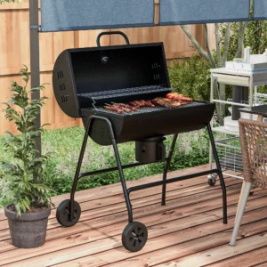 Fass-Holzkohlegrill, BBQ 420 sq.in., Räder, Aschefänger, Schwarz