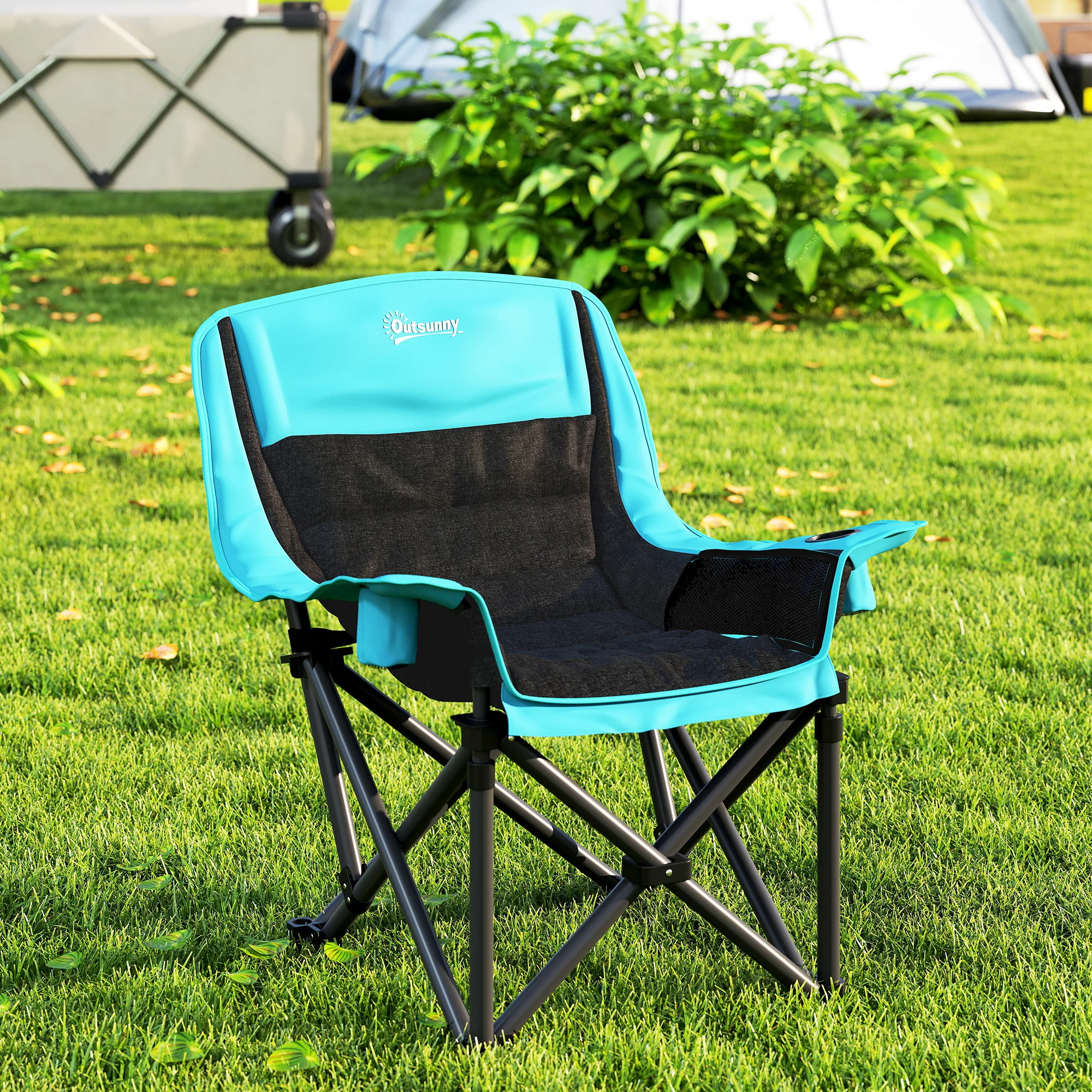 CampGlut Outdoor-Stuhl klappbar mit Seitentaschen, ideal zum Campen.