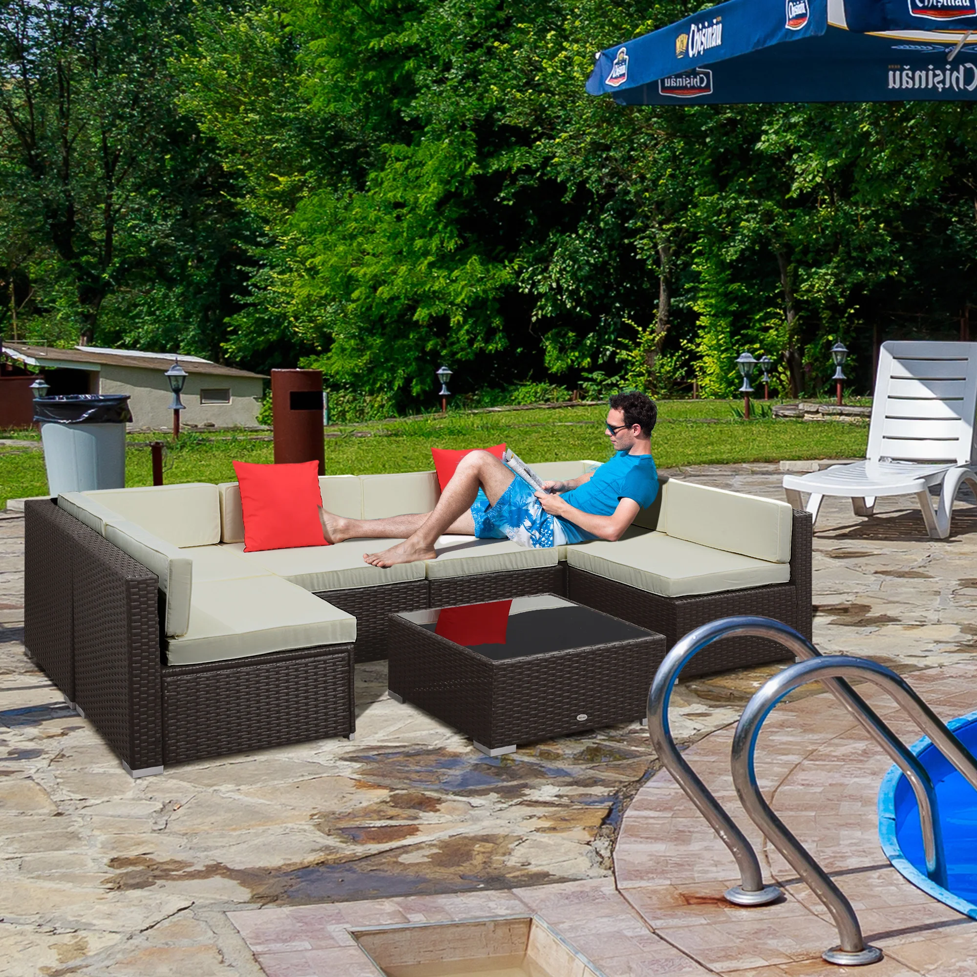 7-teiliges Outdoor-Sofa-Set mit Polstern, PE-Rattan, 75 cm Sitzmodul, Glastis... – Bild 7