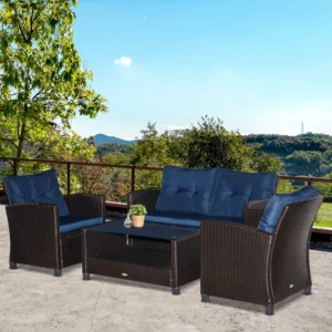 4-teiliges Polyrattan-Gartenmöbel-Set mit Kissen, Sessel & Couchtisch, Blau