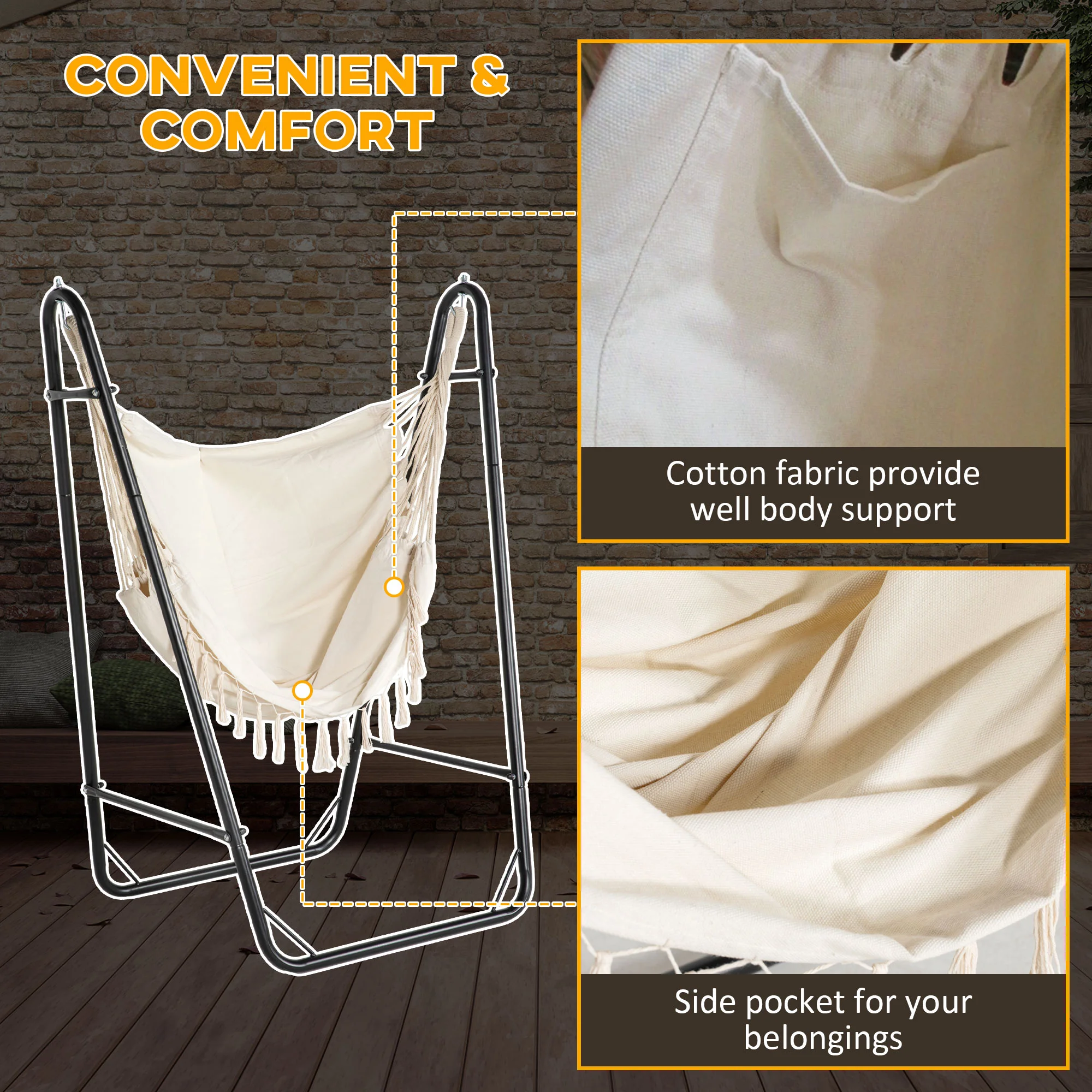 Hanging chair with U-stand, side pocket, cream white - Image 2