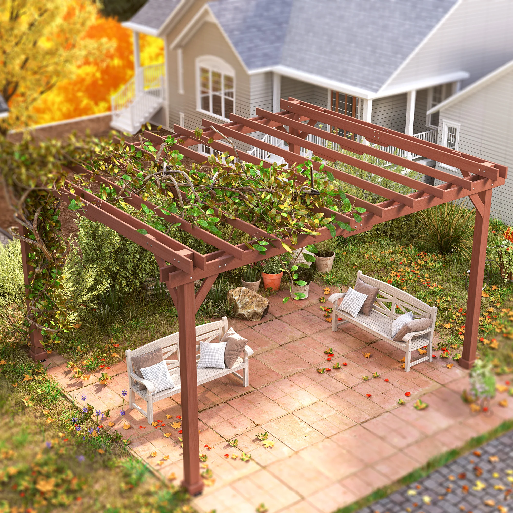 Pergola en bois 11 x 12,5 m avec treillis pour terrasse, balcon, jardin, pelouse – Image 8