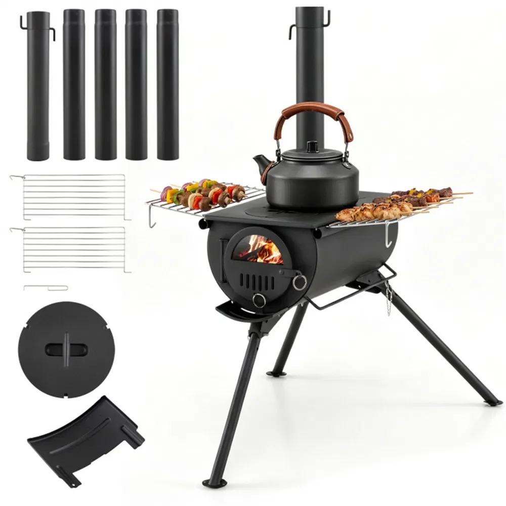 Portable folding wood stove for tents with 5-piece chimney, carbon steel... - Image 4