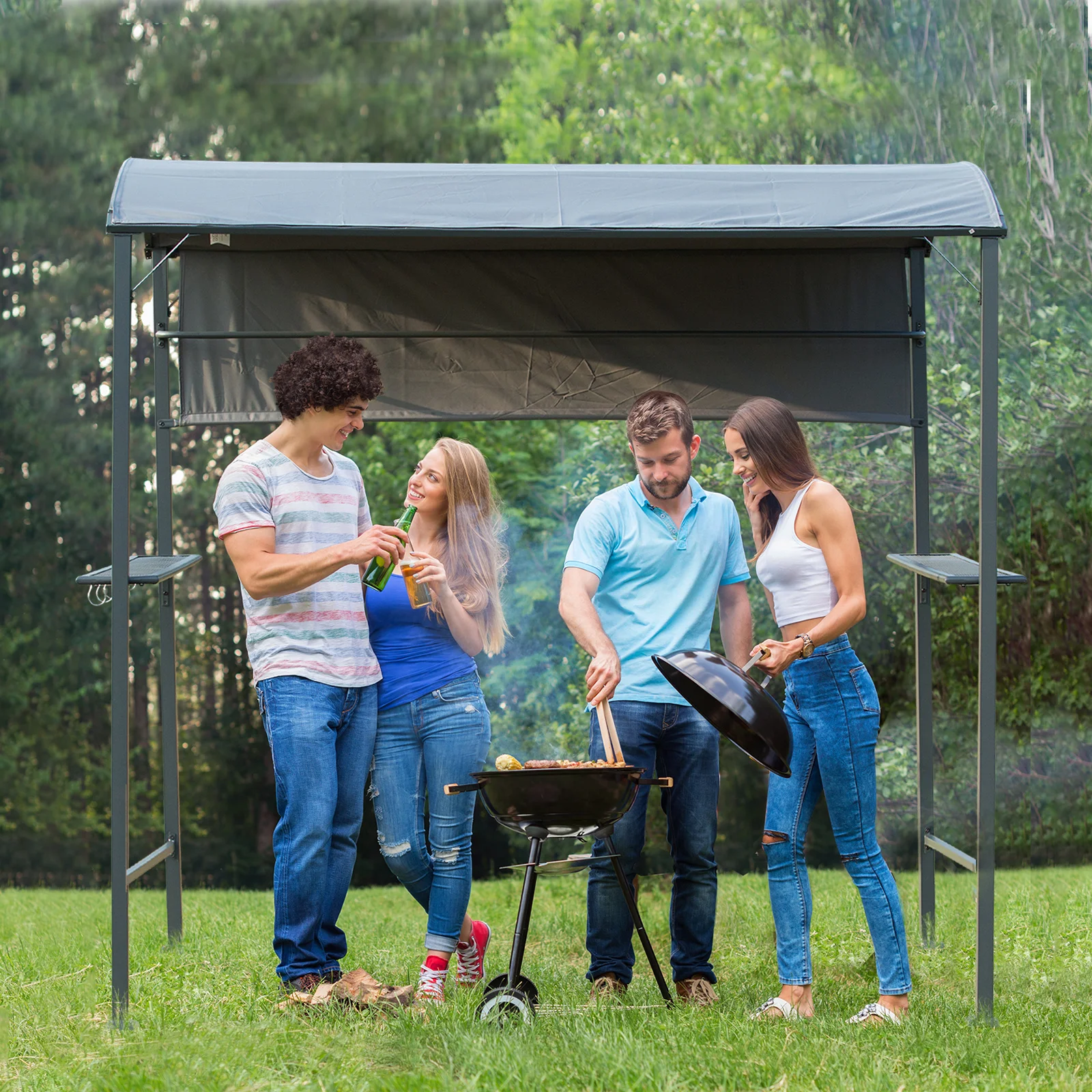 Pérgola para parrilla de 7 pies, toldo para barbacoa con toldo lateral antisol, 2 estantes exteriores, ... - Image 7