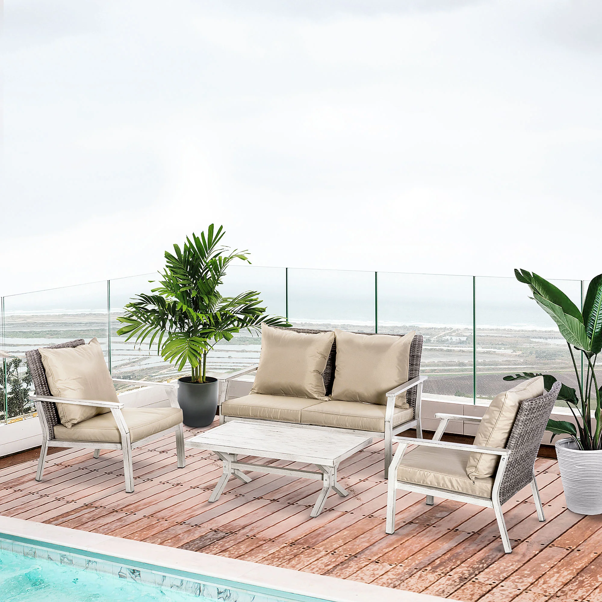 4-teiliges Polyrattan-Sofa-Set mit Kissen, Alurahmen, beige