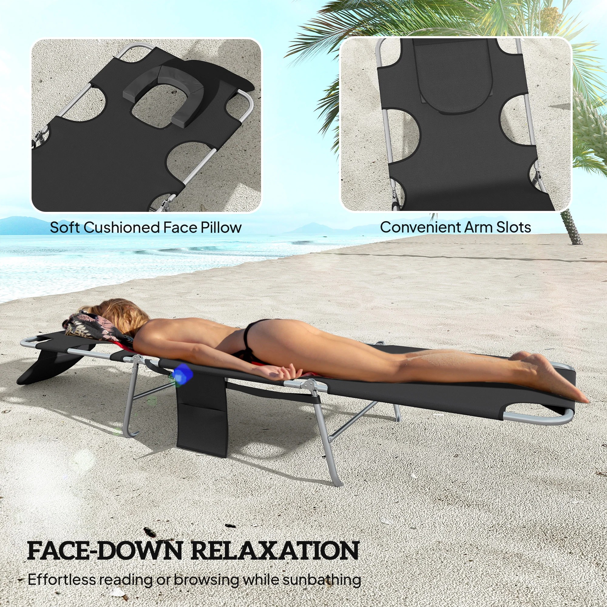 2 Sonnenliegen mit Gesichtsloch, 5-stufig verstellbar, mit Kissen, für Strand... – Bild 5