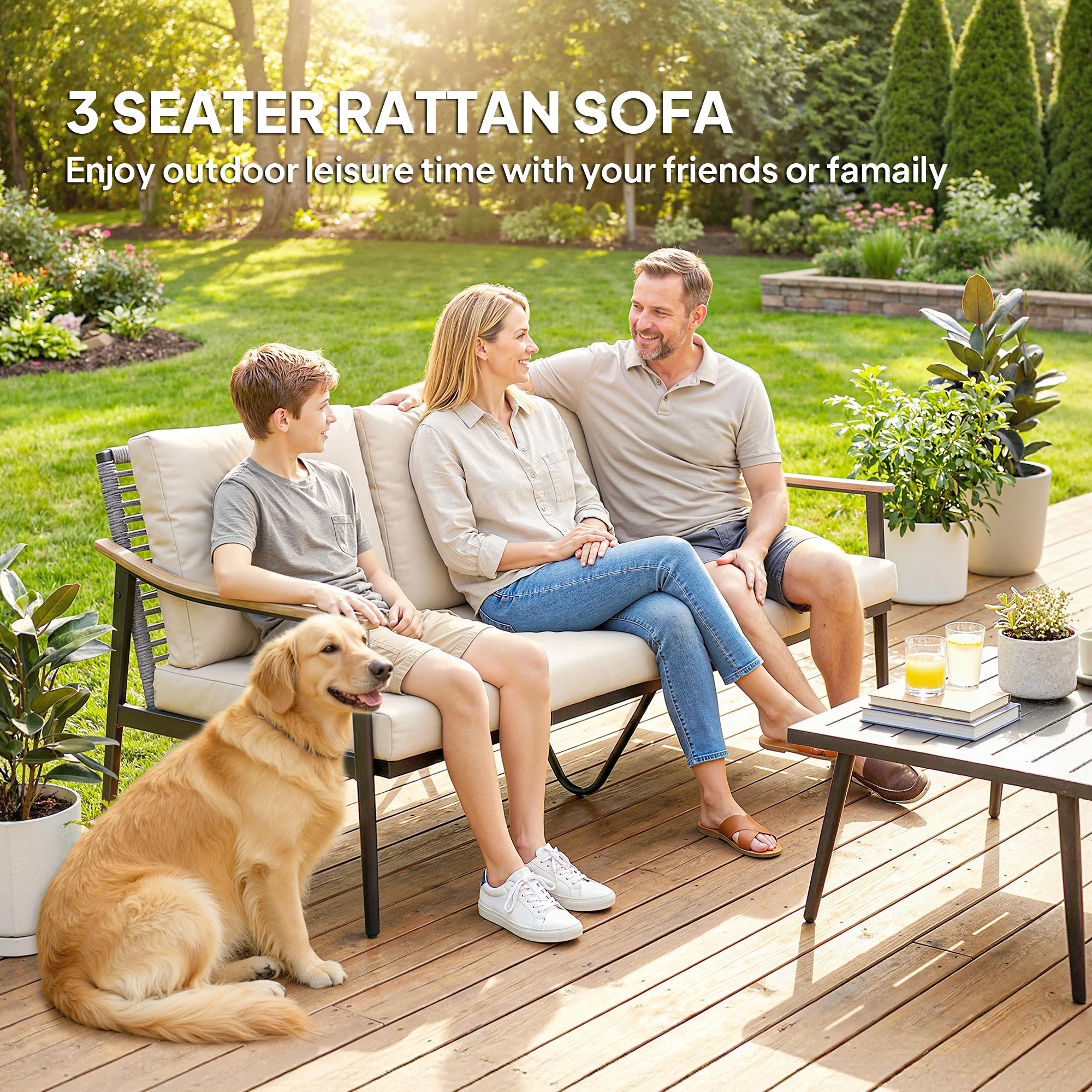 3-Sitzer Outdoor-Sofa mit Holzarmlehnen, Rattanrückenlehne, Kissen, Khaki – Bild 2